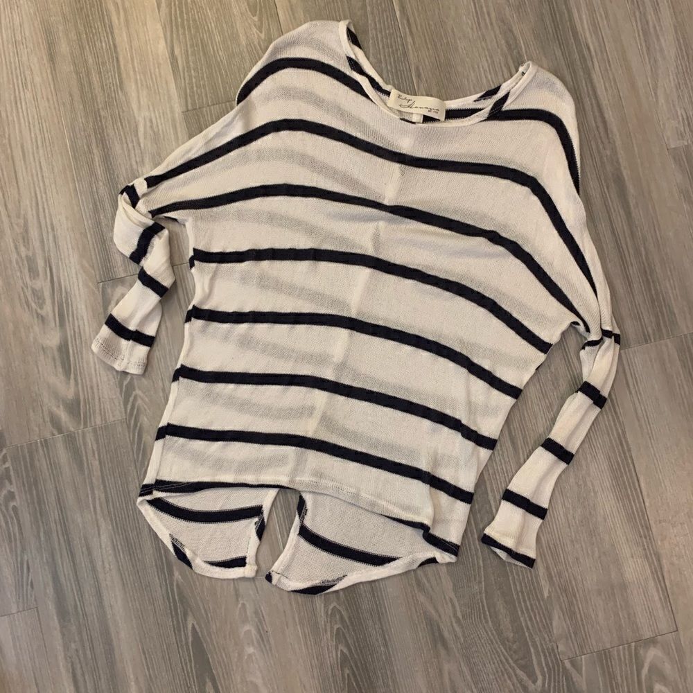 Striped sheer knit sweater with button back detailing size M